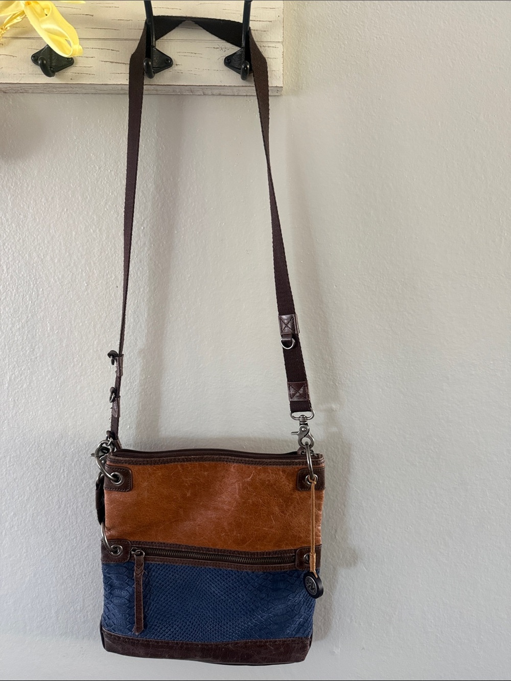 The Sak Brown and Blue Leather-Canvas Crossbody Bag